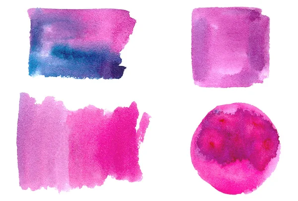 Bir dizi suluboya fırça darbesi, leke, sıçrama ve şekil: daire, kare. Tasarımın için izole edilmiş gerçek akvaryum lekeleri. suluboya desenli el çizimi pembe ve mavi renkte