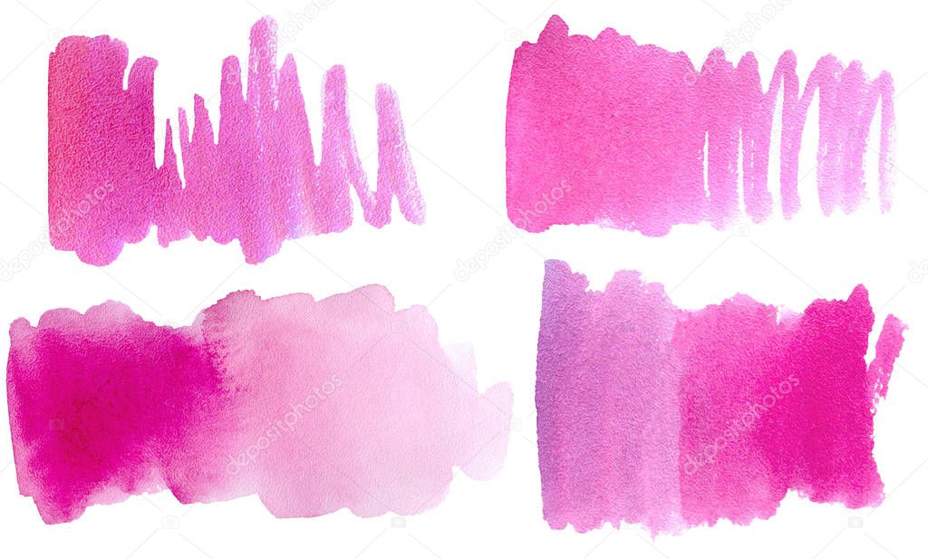Set of watercolor brush stroke, stain, splatter. Isolated real aquarelle stains for your design. watercolor texture hand drawing in pink magenta color