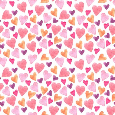 Beyaz arka planda elle çizilmiş suluboya kalplerle kusursuz bir desen. Paket kağıdı, kartpostal, kumaş ve diğer hatıra eşyalarının dizaynı için Sevgililer Günü dokusu