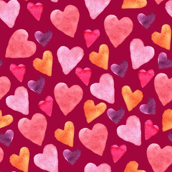 Kiraz rengi arka planda elle çizilmiş suluboya kalplerle kusursuz bir desen. Paket kağıdı, kartpostal, kumaş ve diğer hatıra eşyalarının dizaynı için Sevgililer Günü dokusu