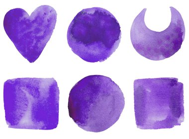 İzole edilmiş el çizimi suluboya şekilleri: daire, kare, kalp hilal ay koyu mavi, mor ve çivit rengi.