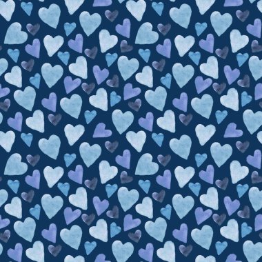 Çivit arka planında elle çizilmiş suluboya kalplerle kusursuz bir desen. Paket kağıdı, kartpostal, kumaş ve diğer hatıra eşyalarının dizaynı için Sevgililer Günü dokusu