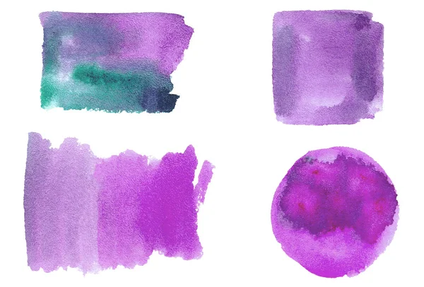 Bir dizi suluboya fırça darbesi, leke, sıçrama ve şekil: daire, kare. Tasarımın için izole edilmiş gerçek akvaryum lekeleri. suluboya desenli, mor renkli el çizimi 