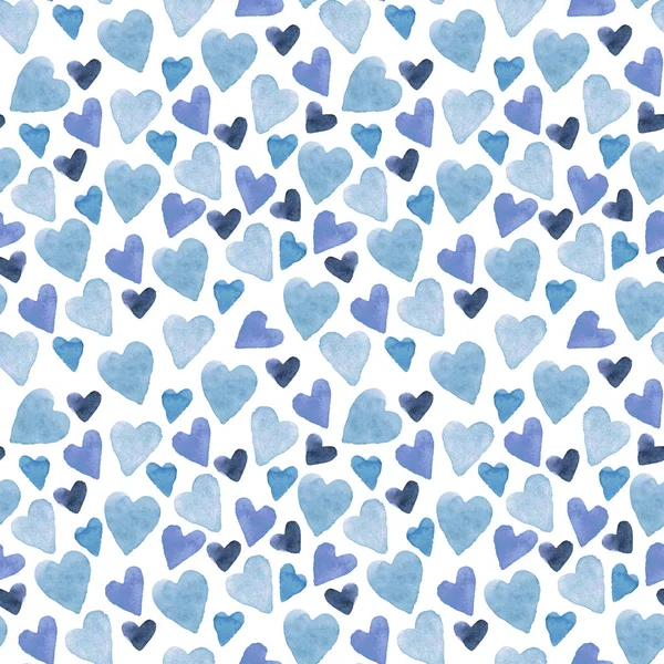 Modelo sin costuras con corazones azules de acuarela dibujados a mano sobre fondo. Textura de día de San Valentín para el diseño de papel de embalaje, postales, tejidos y otros productos de recuerdo. — Foto de Stock