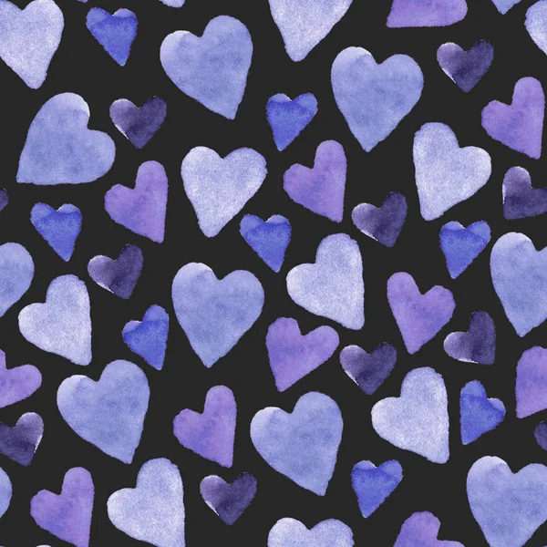 Modelo sin costuras con corazones azules de acuarela dibujados a mano sobre fondo indigo. Textura de día de San Valentín para el diseño de papel de embalaje, postales, tejidos y otros productos de recuerdo. — Foto de Stock