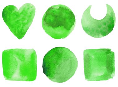 İzole edilmiş el çizimi suluboya şekilleri: çember, kare, kalp hilal yeşili çimen rengi ay.