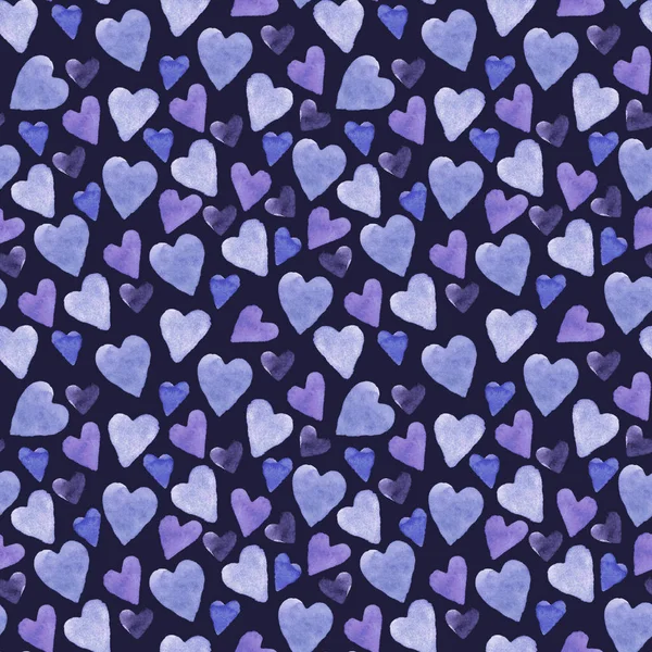 藍地に手描きの水彩青紫色のハートでシームレスなパターン。包装紙、ポストカード、布などのお土産製品のデザインのためのバレンタインデーのテクスチャ — ストック写真