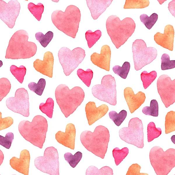 Patrón sin costuras con corazones de acuarela dibujados a mano sobre un fondo blanco. Textura del día de San Valentín para el diseño de papel de regalo, postales, tela y otros productos de recuerdo — Foto de Stock