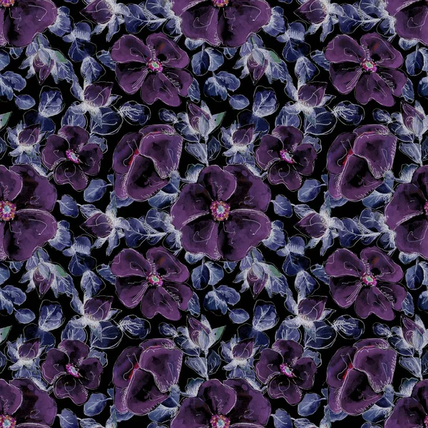 Бесшовный акварельный неоновый узор с нарисованными вручную коралловыми цветами из роз для печати и текстильного дизайна. цветы и почки, листья шиповника на черном фоне — стоковое фото