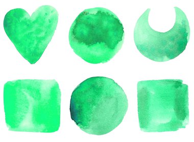 İzole edilmiş el çizimi suluboya şekilleri: çember, kare, kalp hilal, nane yeşili ay.