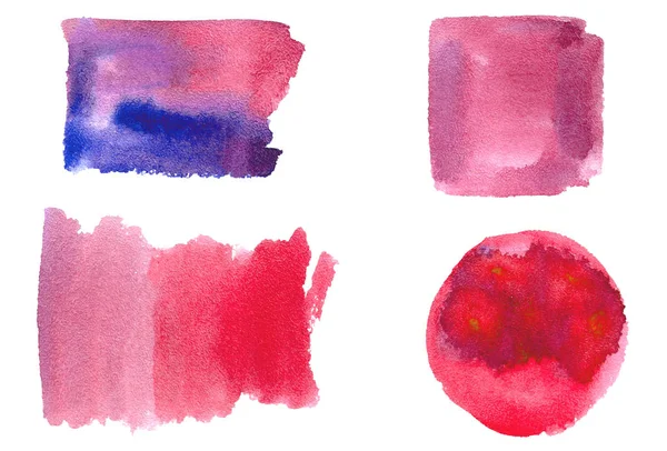 Conjunto de pincelada aquarela, mancha, salpicos e formas: círculo, quadrado. Isolado manchas aquarelle reais para o seu projeto. textura aquarela desenho da mão na cor rosa e azul vermelho — Fotografia de Stock