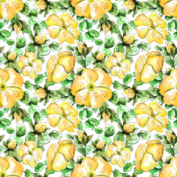 Parmak iziniz ve tekstil tasarımınız için el yapımı sarı gül çiçekleriyle kusursuz suluboya desenleri. Tereyağı sarı çiçekleri ve tomurcukları, yeşil gül yaprakları beyaz arka planda