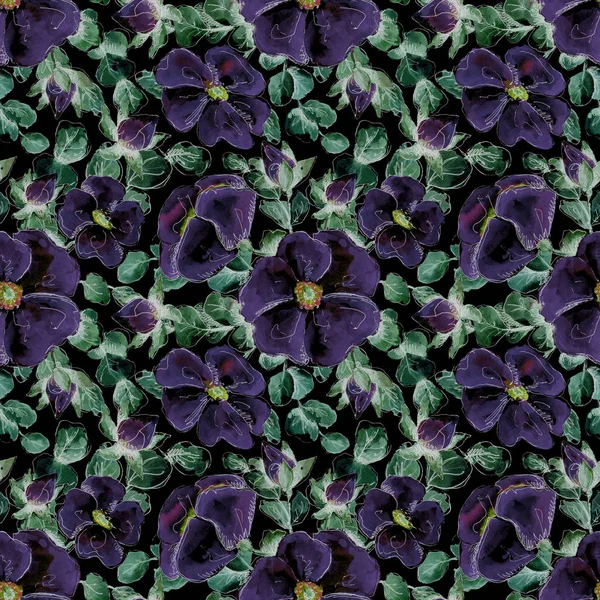 Бесшовный акварель неоновый узор с ручной работы фиолетовые цветы розы для печати и текстиля дизайн. цветы и почки, листья шиповника на черном фоне — стоковое фото