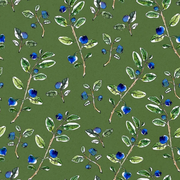 Seamless pattern hand-drawn graphic watercolor sketchy blueberry twigs with leaves and berries on a green background.