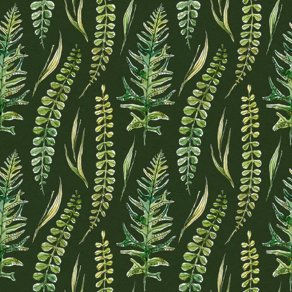 손으로 그린 수채화 페인팅 요소의 바다없는 패턴은 발효와 잔디이다. 에버그린 숲의 식물. 질감, 포장지, 장식용 간단 한 나티랄 장식 — 스톡 사진