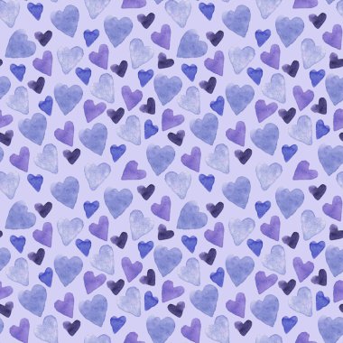 Mavi arka planda elle çizilmiş suluboya mavi kalplerle kusursuz bir desen. Paket kağıdı, kartpostal, kumaş ve diğer hatıra eşyalarının dizaynı için Sevgililer Günü dokusu