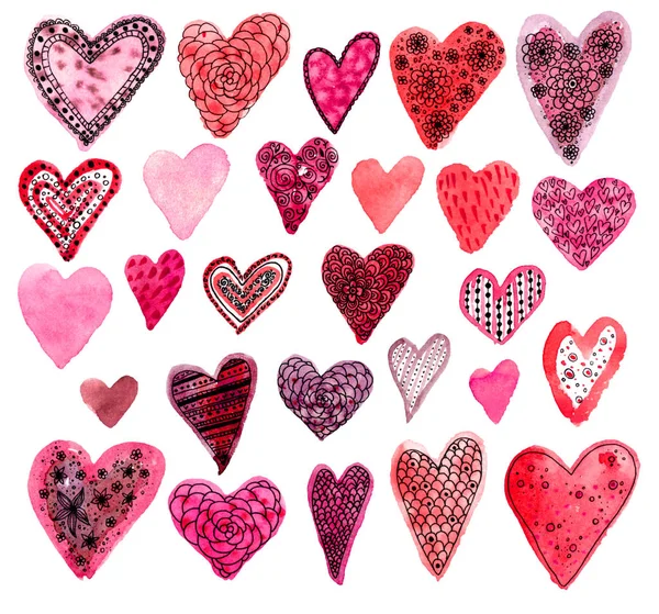  Karalama şekilli suluboya kalpler. Romantik kartpostallar ve Sevgililer Günü dekorasyonu için mükemmel. Kırmızı ve pembe renkte.