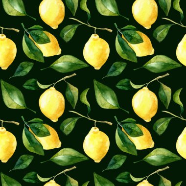 Kusursuz el yapımı suluboya limon deseni koyu yeşil arka planda. Sarı turunçgillerin botanik çizimi. Gıda paketleme tasarımı için ideal