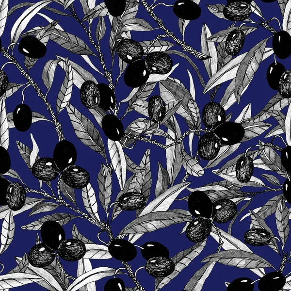 올리브 가지 모양의 솔기없는 무늬가 전형적 인 파란색 배경에 있습니다. 자연스럽게 손을 그렸다. 올리브유나 화장품용 올리브와 함께 설계하라. 흑백의 식물학 스케치 — 스톡 사진