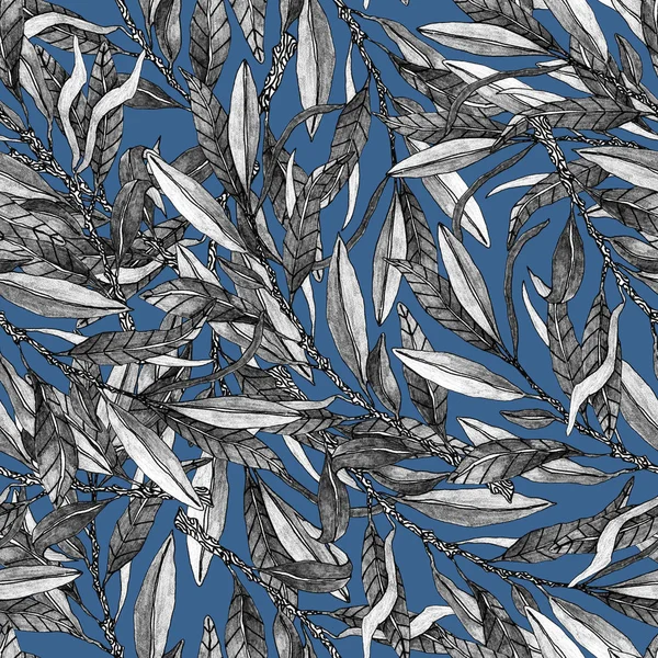 Elle çizilmiş siyah beyaz oliv dalları ve klasik mavi arka planda yapraklar. Kumaş ya da kağıda basmak için ideal. Çiçek süsü.