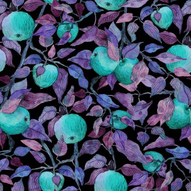 Kırmızı elmalı ve suluboya resimli kusursuz desenli elma ağacı dalı