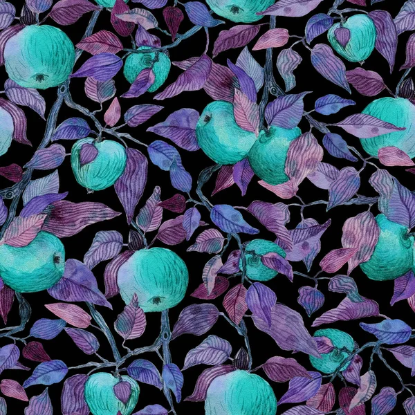 Kırmızı elmalı ve suluboya resimli kusursuz desenli elma ağacı dalı