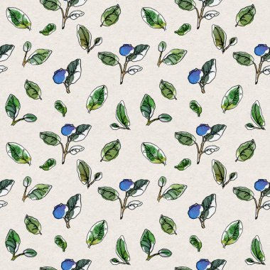 Kusursuz desenli, elle çizilmiş, beyaz krem rengi arka planda yapraklı ve meyveli yaban mersini dalları..