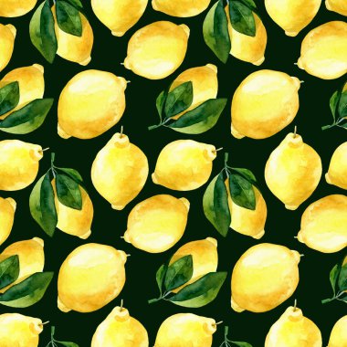 Kusursuz el yapımı suluboya limon deseni koyu yeşil arka planda. Sarı turunçgillerin botanik çizimi. Gıda paketleme tasarımı için ideal