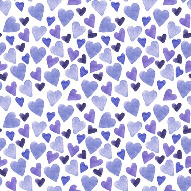 Kusursuz desenli, elle çizilmiş suluboya mavi mor kalpli, Paket kağıdı, kartpostal, kumaş tasarımı için Sevgililer Günü dokusu 