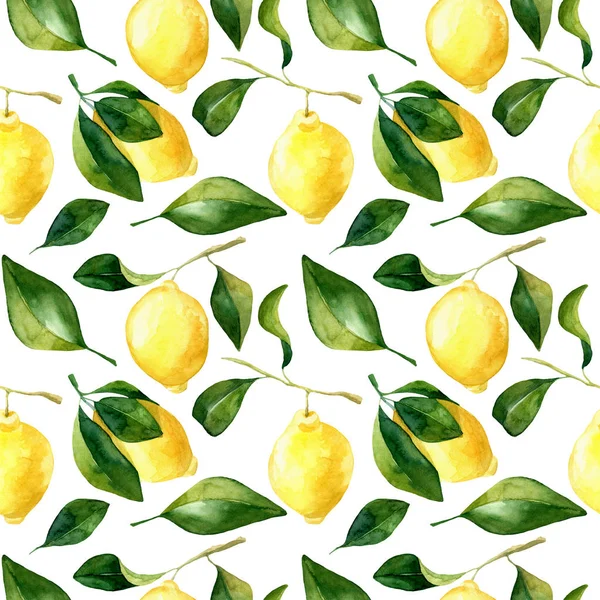 Seamless hand rawn watercolor lemon pattern on white background. Botanical illustration of yellow citrus fruits. Ideal for food packaging design