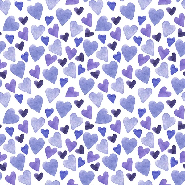 Modelo sin costuras con corazones púrpura azul acuarela dibujados a mano sobre fondo. Textura de día de San Valentín para el diseño de papel de embalaje, postales, tela. — Foto de Stock