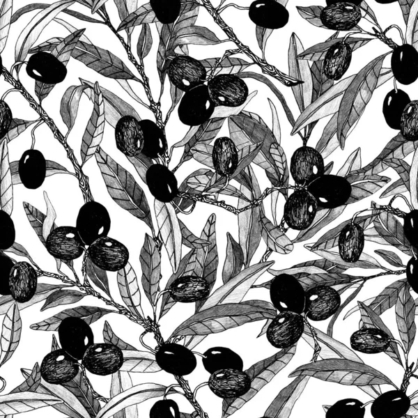 Branche d'olivier motif sans couture. Natural Fond dessiné à la main. Conception avec des olives pour l'huile d'olive ou des produits cosmétiques. Croquis botanique noir et blanc — Photo