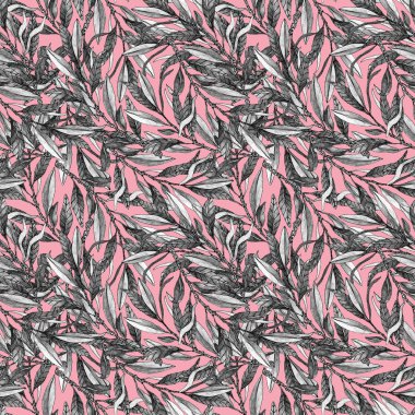 Elle çizilmiş siyah beyaz oliv dalları ve pembe arka planda yapraklar. Kumaş ya da kağıda basmak için ideal. Çiçek süsü.