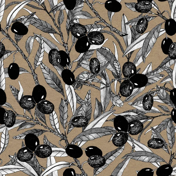 Branche d'olivier motif sans couture. Naturel Artisanat dessiné à la main fond brun. Conception avec des olives pour l'huile d'olive ou des produits cosmétiques. Croquis botanique noir et blanc — Photo