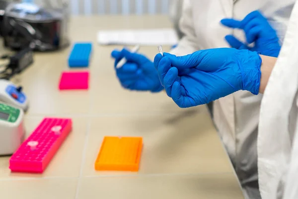 Bilim adamı ya da teknisyen eldiven elinde numune tutuyor. Laboratuvar ekipmanları. DNA kopyası olan bir bilim adamı. Kimya öğrencileri bir deney yapıyor. Laboratuvarda DNA testi..