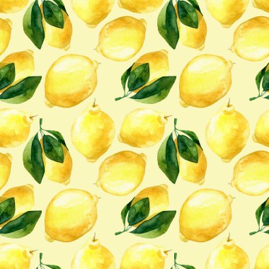 Kusursuz el yapımı suluboya limon desenli sarı arka plan. Sarı turunçgillerin botanik çizimi. Gıda paketleme tasarımı için ideal