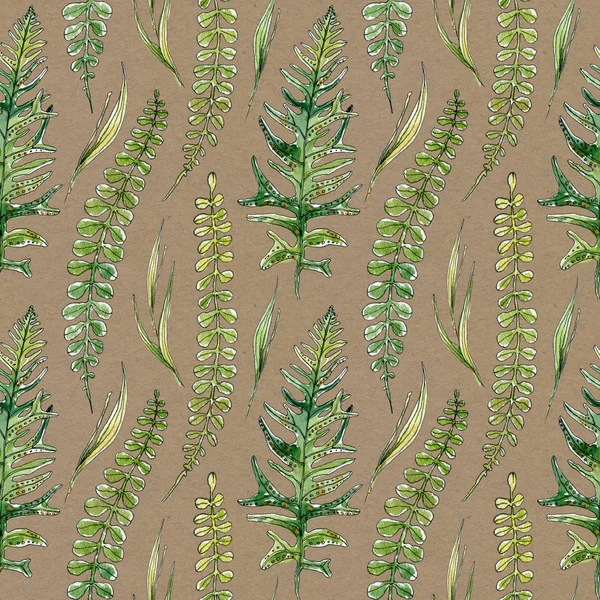 Zökkenőmentes minta kézzel rajzolt akvarell vázlat elemek páfrány és fű. Örökzöld erdei növények bézs háttérrel. Egyszerű natirális dísz textil, csomagolópapír, dekoráció — Stock Fotó