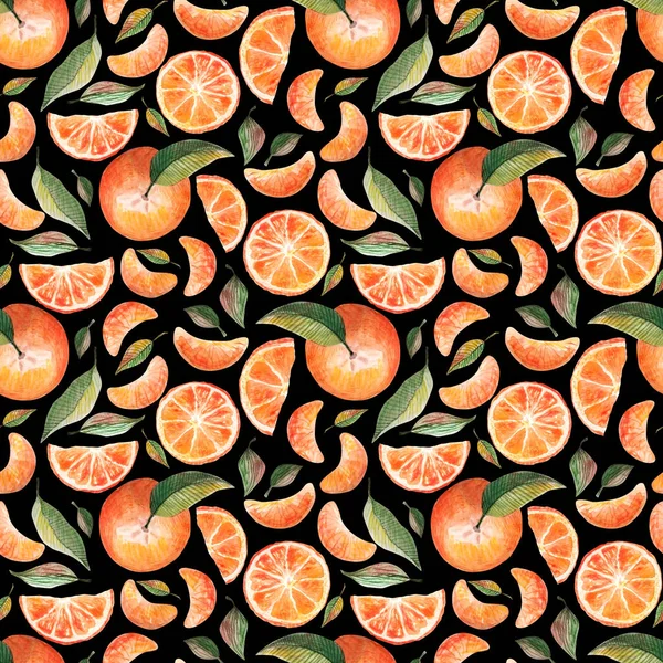 Watercolor seamless pattern with oranges tangerines citrus fruits green leaves isolated on black background. Fruit repeated background. Botanical illustration for fabric textile — Stock Photo, Image