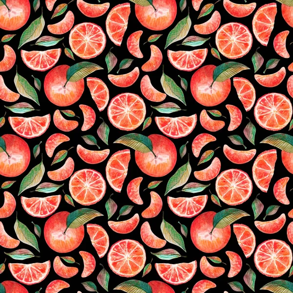 Watercolor seamless pattern with red oranges tangerines citrus fruits green leaves isolated on black background. Fruit repeated background. Botanical illustration for fabric textile — Stock Photo, Image