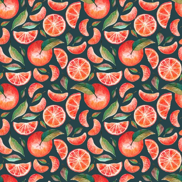 Watercolor seamless pattern with red oranges tangerines citrus fruits green leaves isolated on dark background. Fruit repeated background. Botanical illustration for fabric textile — Stockfoto