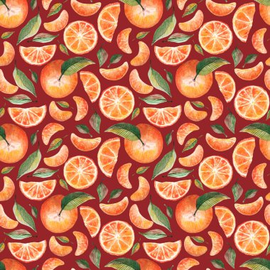 Watercolor seamless pattern with oranges tangerines citrus fruits green leaves isolated on dark red background. Fruit repeated background. Botanical illustration for fabric textile