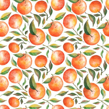 Portakallı suluboya desenli turunçgiller beyaz arka planda izole edilmiş yeşil yapraklar. Tekrarlanan meyve arka planı. Kumaş tekstili için botanik illüstrasyon