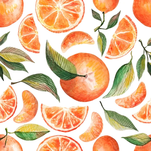 Aquarelle motif sans couture avec des oranges mandarines agrumes feuilles vertes isolées sur fond blanc. Fruit fond répété. Illustration botanique pour tissu textile — Photo