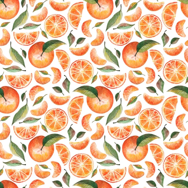 Portakallı suluboya desenli turunçgiller beyaz arka planda izole edilmiş yeşil yapraklar. Tekrarlanan meyve arka planı. Kumaş tekstili için botanik illüstrasyon