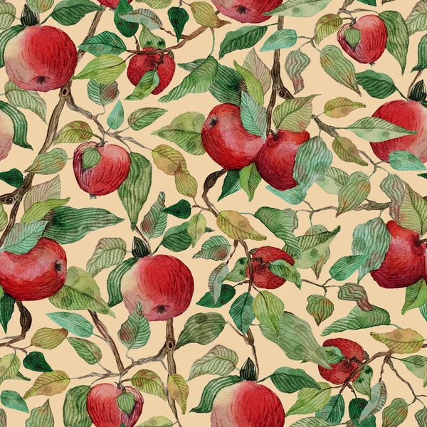 Kırmızı elmalı ve suluboya resimli kusursuz desenli elma ağacı dalı
