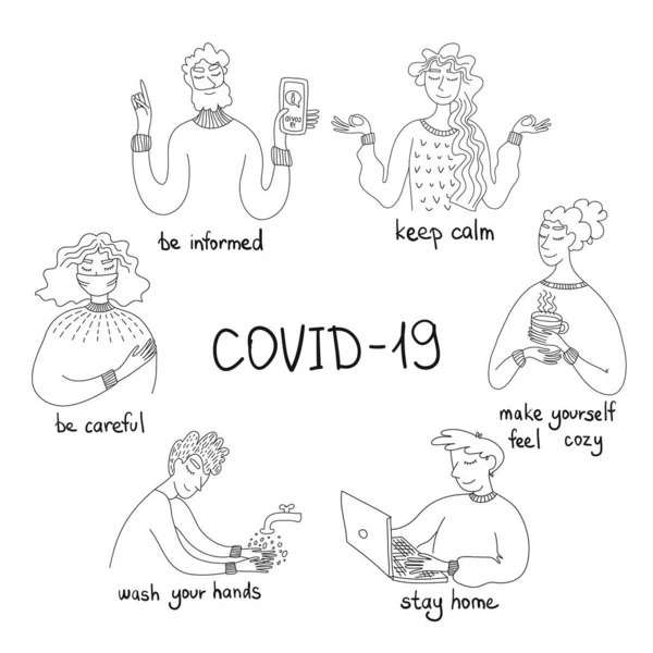 Salgın sırasında kendini soyutlama. İnsanlar kendi başlarının çaresine bakarlar. Evde kal. Sakin olun. Gelişmelerden haberdar ol. Ellerini yıka. Coronovirus. Salgın sırasında olumlu tavsiyeler. Corona virüsü karantinası sırasında sosyal uzaklık ve kendini izole etme.