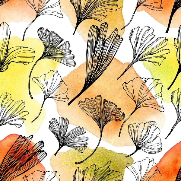 Modèle sans couture avec des feuilles de ginkgo biloba. dessin linéaire avec taches d'aquarelle. Peut être utilisé pour le papier peint, remplissage de motifs, textile, page web, surface, textures . — Photo