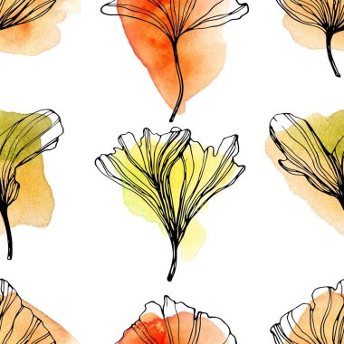 Ginkgo biloba yapraklı kusursuz desen. suluboya lekeli doğrusal çizim. Duvar kağıdı, kalıp dolguları, tekstil, web sayfası, yüzey, dokular için kullanılabilir.