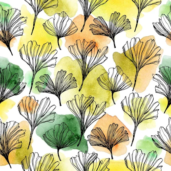 Modèle sans couture avec des feuilles de ginkgo biloba. dessin linéaire avec taches d'aquarelle. Peut être utilisé pour le papier peint, remplissage de motifs, textile, page web, surface, textures . — Photo