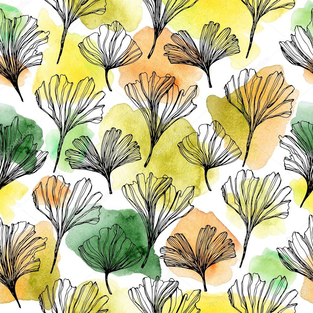 Seamless pattern with ginkgo biloba leaves. linear drawing with watercolor spots. Can be used for wallpaper, pattern fills, textile, web page, surface, textures.